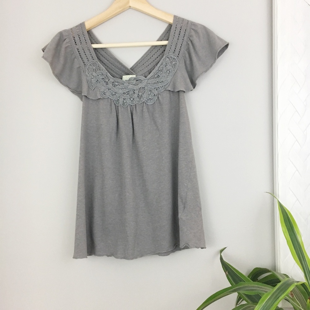Anthropologie Deletta Grey Lace Flutter Sleeve Top - Size XS